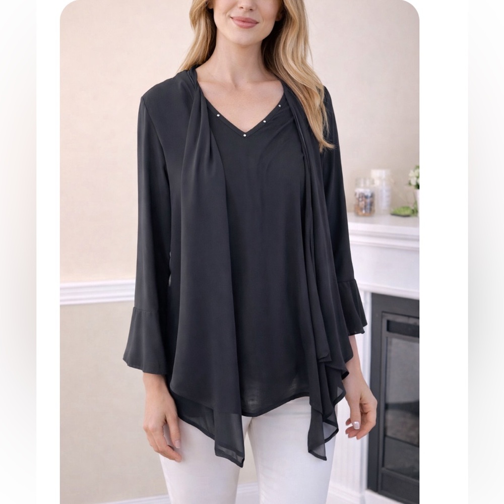 NY COLLECTION Black Studded Bell Sleeve Sheer Overlay Blouse M NWOT